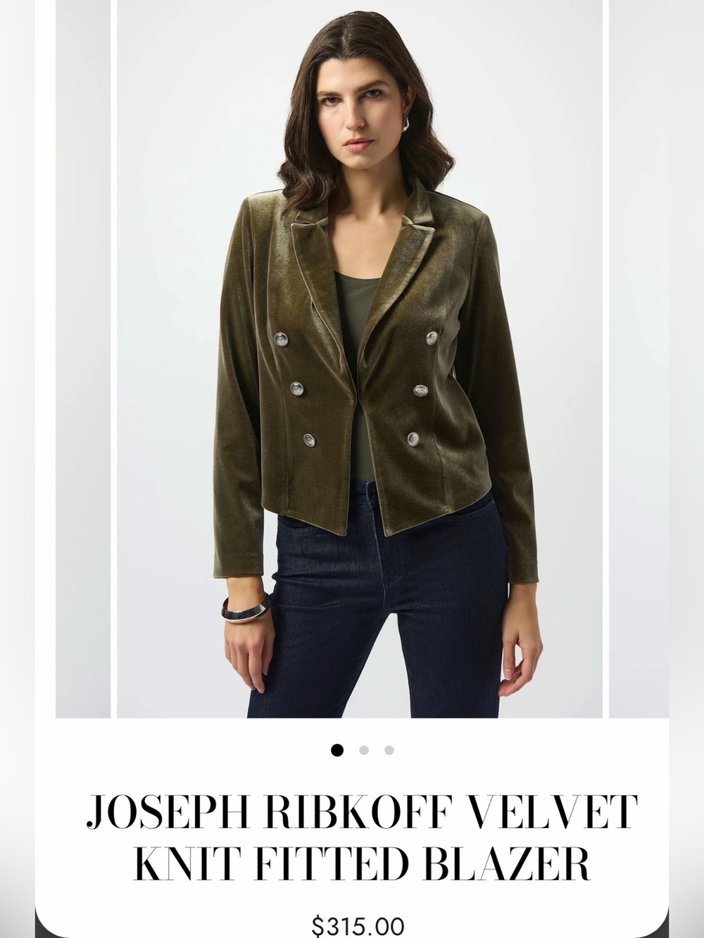 Joseph Ribkoff Olive Velvet Double-Breasted Blazer Jacket
